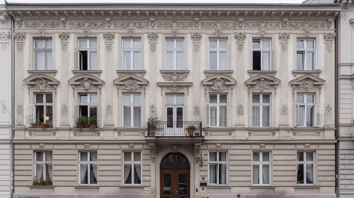 Berliner Gründerzeit-Altbaufassade mit kunstvollen Stuckverzierungen